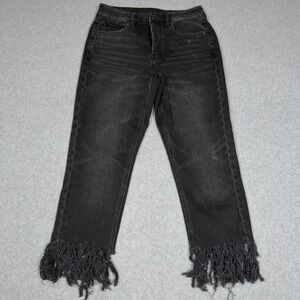 American Eagle Outfitters Black Mom Jeans Fringe Raw Hem Button Fly Size 6 Denim